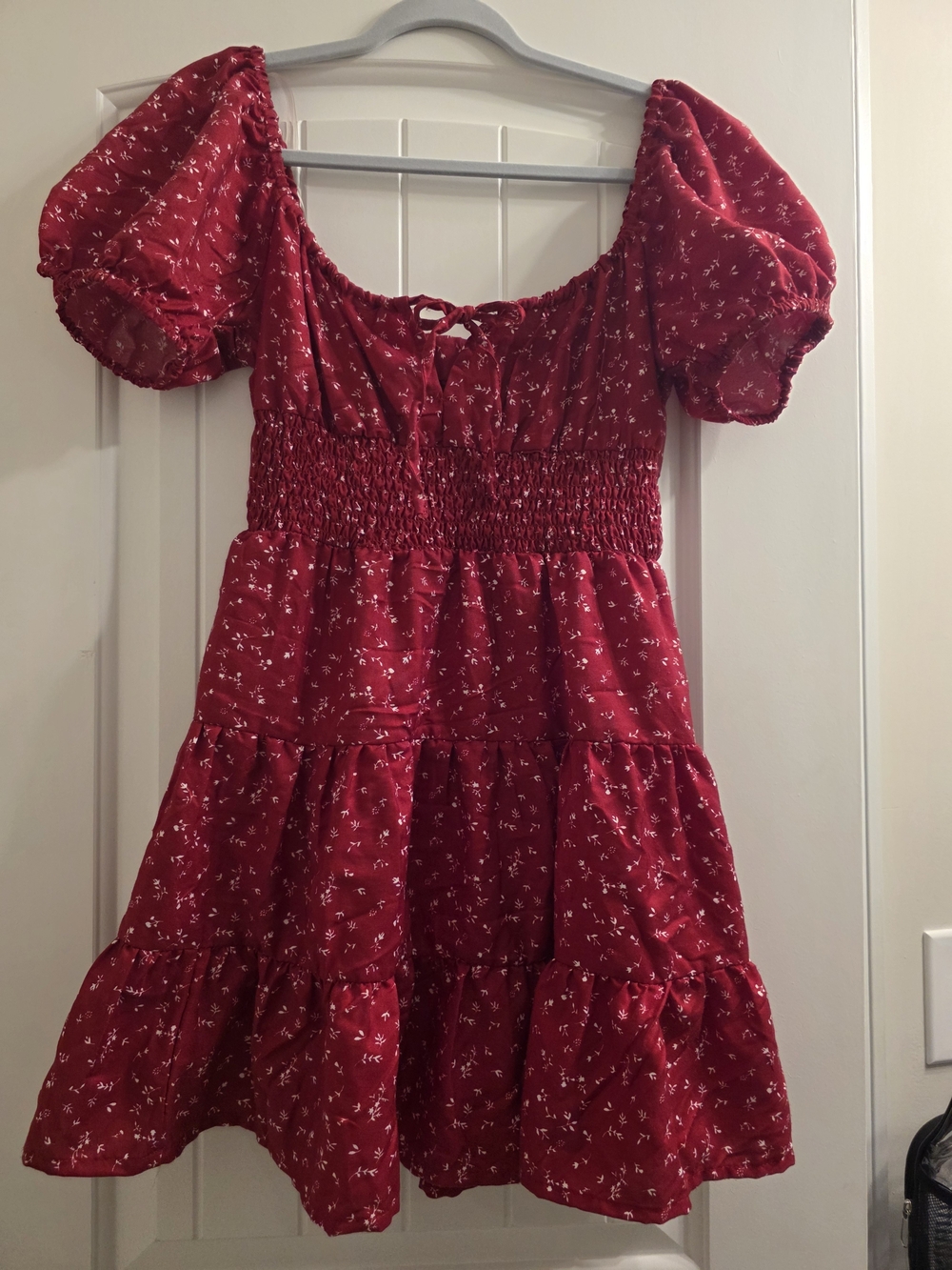 Red Floral Smocked Mini Dress with Puff Sleeves
